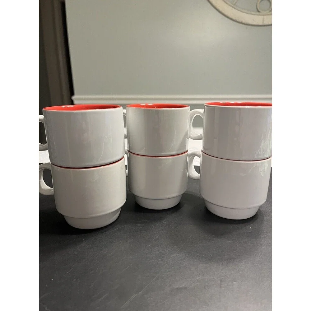 Set of 6 Crate & Barrel Stoneware Red White Stackable Coffee Mug Cups